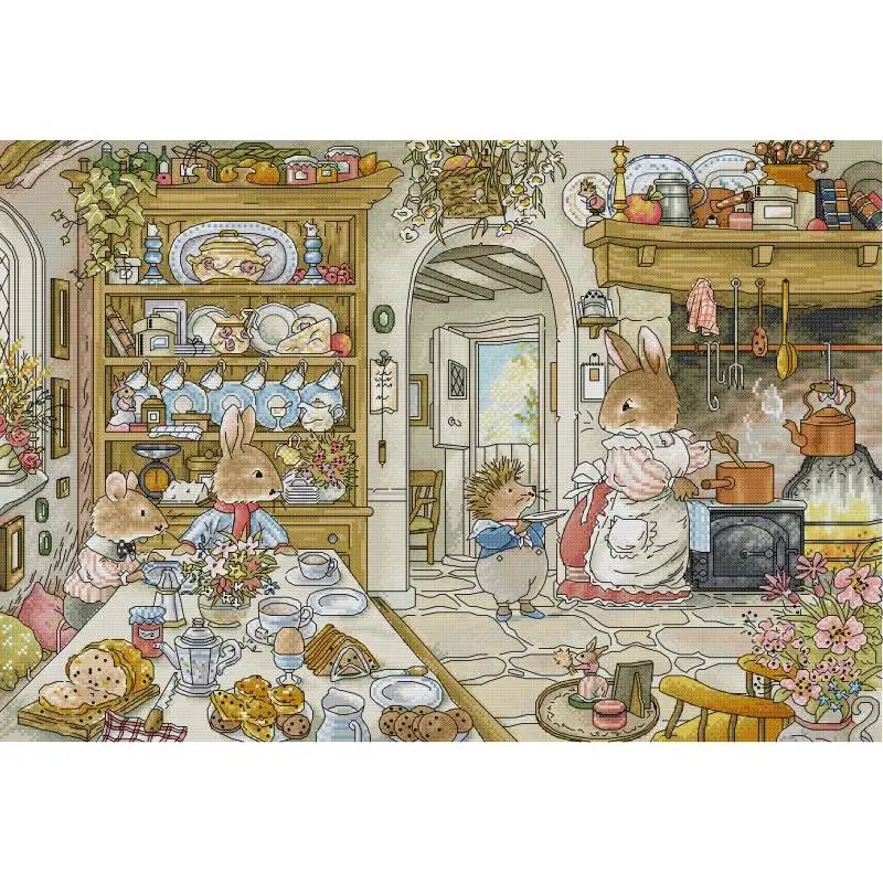 Embroidery X Pattern - Rabbit's Kitchen Cartoon Animal Pattern Cross