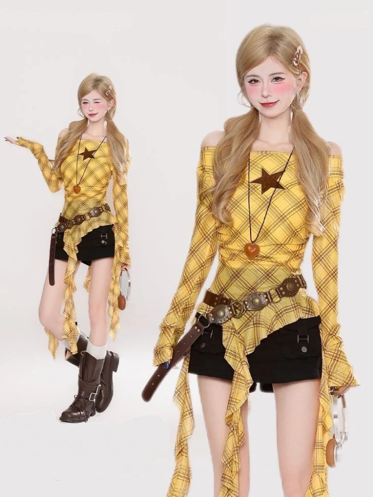 Y2K Plaid Slash Neck Vintage T - Embroidery Origin review and price