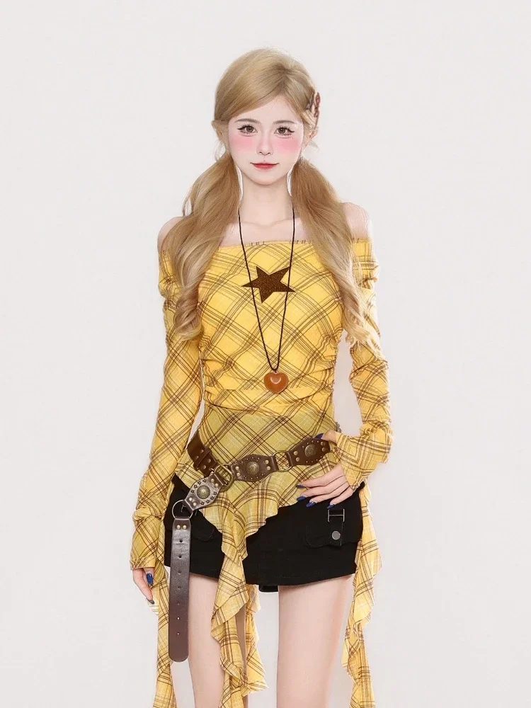 Y2K Plaid Slash Neck Vintage T - Embroidery Origin review and price